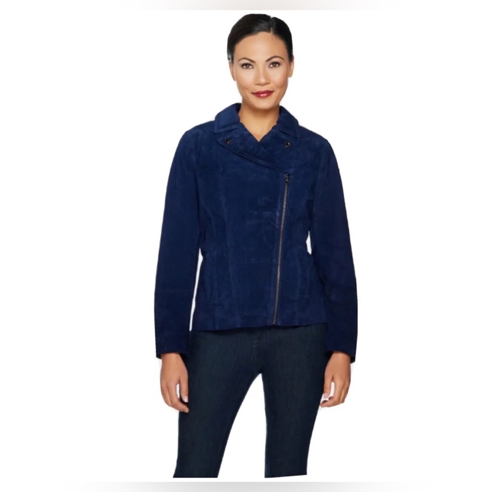 Isaac Mizrahi Live! Suede Motorcycle Jacket w/Floral Print Lining - Navy